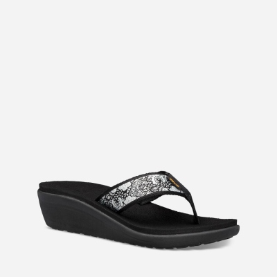 Teva Voya Wedge Women's Black / White / Silver Flip Flops CA28003 Canada Clearance